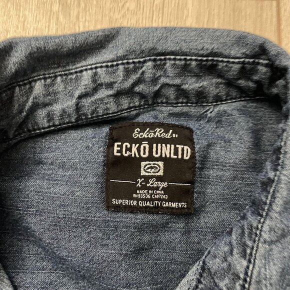Ecko Unltd Men's Button Up Denim Shirt Slim Fit Blue Size XL - Picture 8 of 9